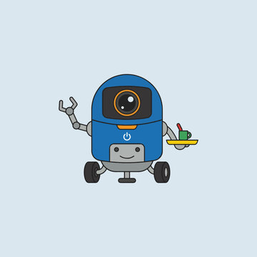 Cute Friendly Robot Character Mascot Waving Hand, Adorable Blue and White Futuristic Bot Illustration
