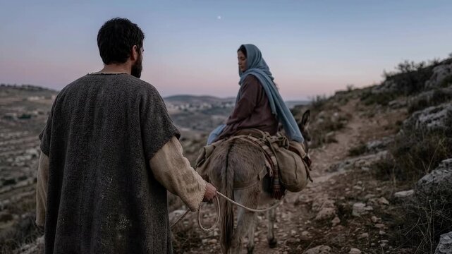Joseph Leading a Donkey Carrying Mary Across a Rocky Road Toward Bethlehem, Biblical Nativity Scene of Faith, Love, Protection, Travel, Humility, Expectation, Family and Sacred Preparation