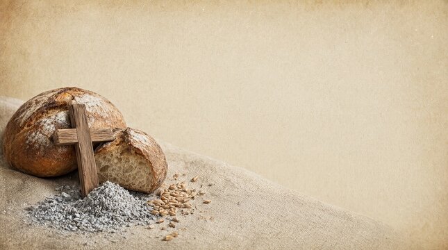 Rustic Still Life Concept for Lent, Christian Symbols like A Holy Wooden Cross, Bread, and Ashes.