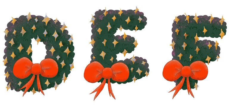 Christmas wreath-themed d, e, and, f letter with decorative stars and a bow in a watercolor style.