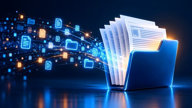 Digital document management and data flow concept with a glowing blue folder collecting floating illuminated file icons in cyberspace