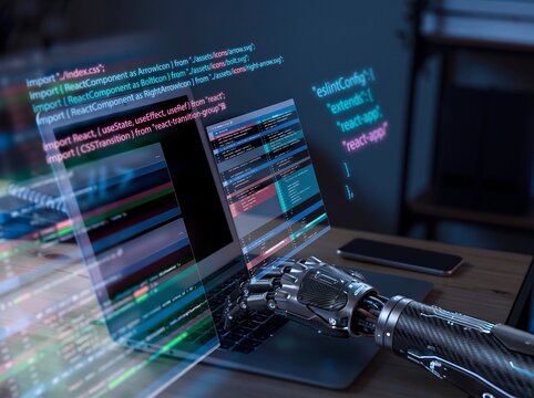 Robotic Hand Coding on Laptop with React Programming Code &mdash; AI Software Development 3D Illustration