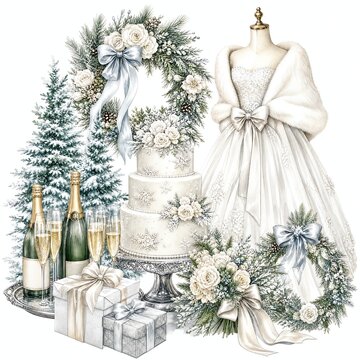 Tiered White Wedding Cake with Sugar Snowflakes and White Roses