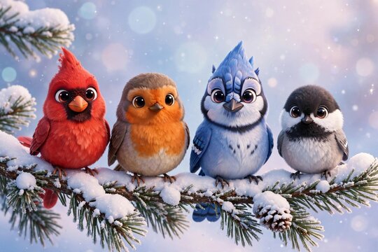Cute 3D Winter Songbirds &ndash; Cardinal, Robin, Blue Jay and Chickadee on Snowy Pine Branch