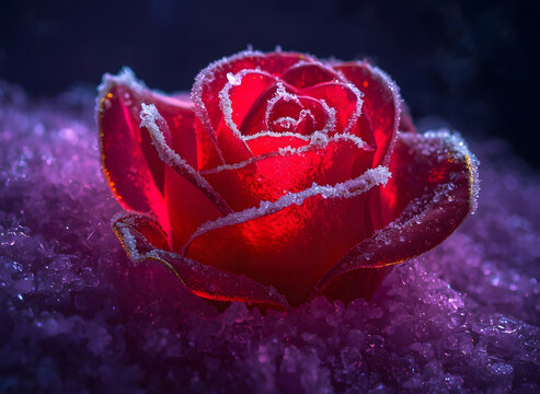 Luxury Ruby Crystal Rose Blooming in Frozen Deep Purple Snow with Gold Accents