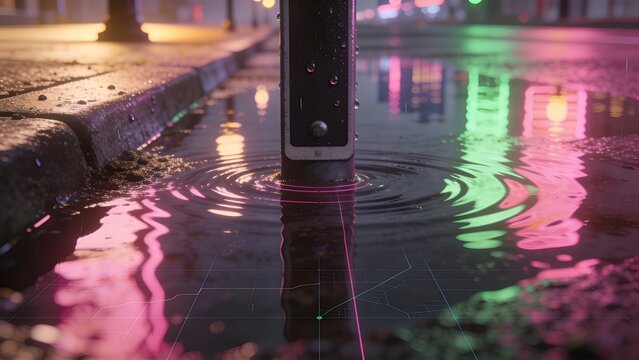 Glinting bollard creating ripples at night curb, showing bolts, neon glow, magenta laser, holo grid