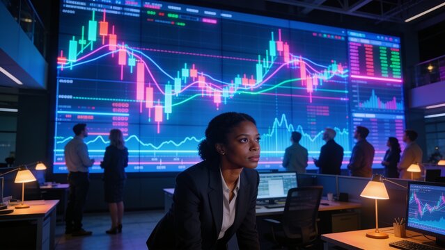 Leaning woman in dark suit white blouse studying candlestick charts on LED wall trading office