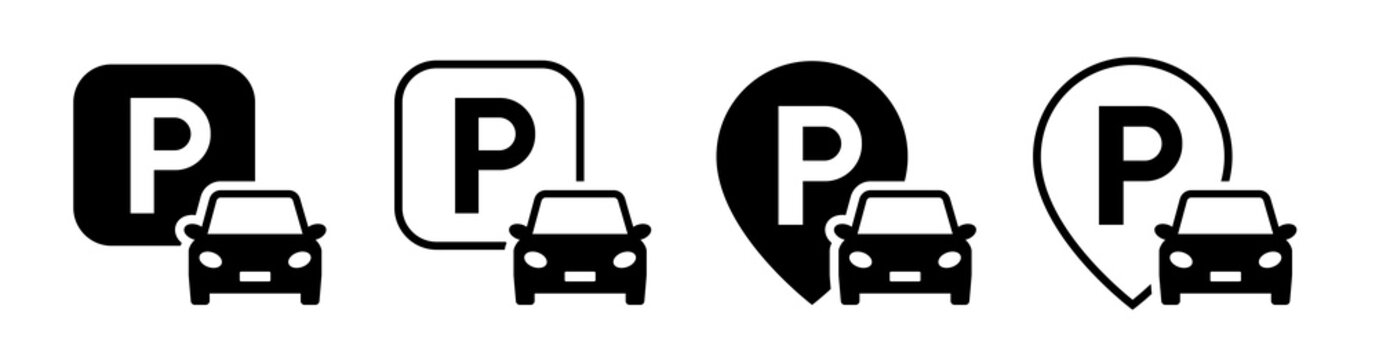Car parking location vector icon set. Parking lot, valet service, area sign, and map pin symbols in line and solid black styles.