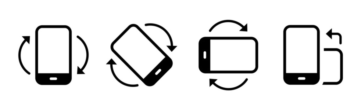 Smartphone screen rotation vector icon set. Mobile phone screen turn, vertical to horizontal orientation, auto rotate mode, and view angle linear symbols with arrows.