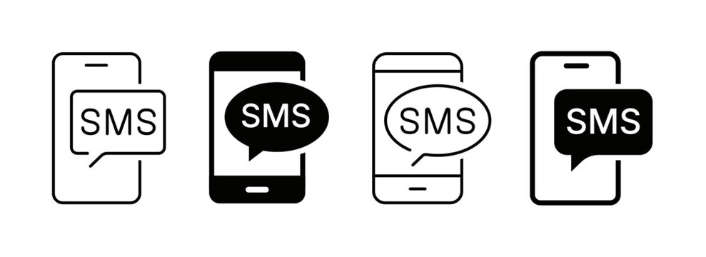 Smartphone SMS message icon set. Mobile phone chat bubble, text notification, inbox speech bubble outline solid vector symbols.