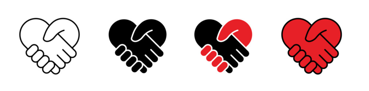 Heart handshake icon set. Charity support, romantic agreement, friendship, partnership deal and unity outline solid vector symbols.