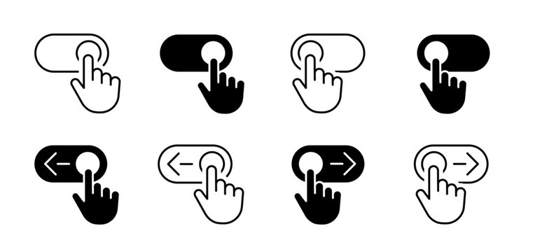 Toggle switch with hand click icon set. On off button, swipe control, user interface choice and option activation outline solid vector symbols.