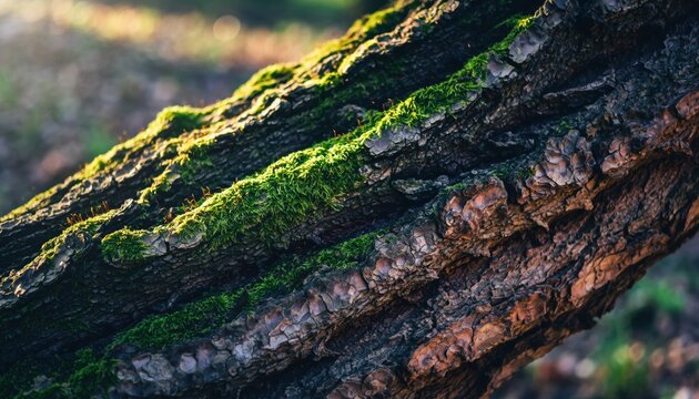 Closeup of textured tree bark covered with vibrant green moss in a sunlit forest