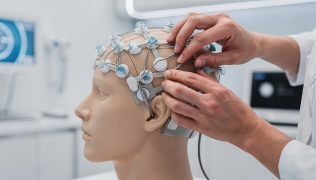 Sideangle medium shot capturing a clinician calibrating a wireless neurofeedback cap on a patient head model highlighting clear electrode gel detail with a sleek white and blue