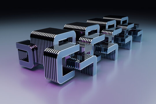 Chrome 3D blocks lined up under violet light