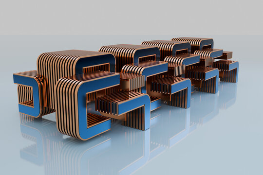 Copper 3D slatted blocks arranged on a reflective floor