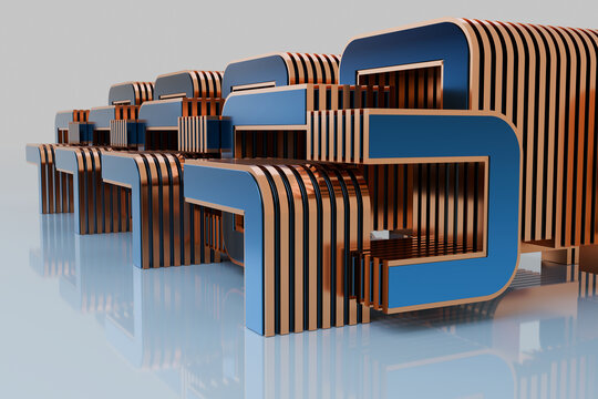 Rows of blue and copper 3D modules receding in perspective