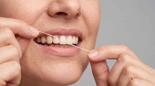 Close-up of adult flossing teeth with dental floss, hands pulling the floss taut, natural smile and healthy gums, oral hygiene and dental care concept on a gray background