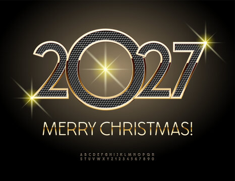 Vector Contemporary Greeting Card Merry Christmas 2027! Trendy set of Luxury Golden Alphabet Letters and Numbers set. Chic Slim Font.