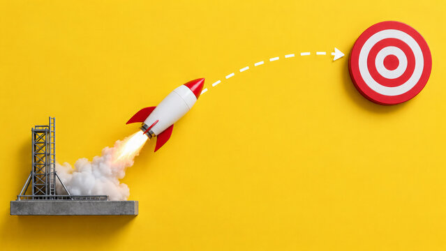A red and white rocket launched from a platform against a vibrant yellow background, leaving a smoke trail. The rocket is headed towards a bullseye target, symbolizing precision and goals