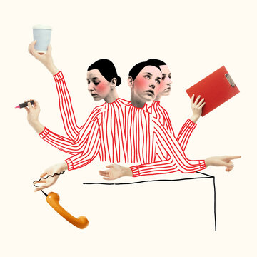 Three-headed woman managing coffee, phone and clipboard with multiple illustrated arms on cream background. Multitasking, competing roles and productivity pressure concept.