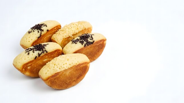 Freshly baked Indonesian pukis cakes topped with chocolate sprinkles and grated cheese on a white background.