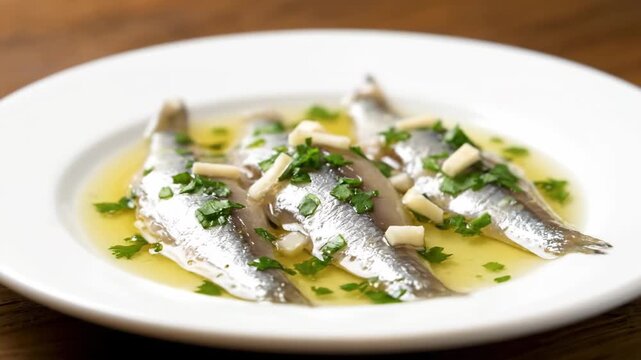 Boquerones en Vinagre (Marinated Anchovies) served with olive oil, chopped parsley, and sliced garlic on a white plate, traditional Spanish and Mediterranean appetizer or tapa.