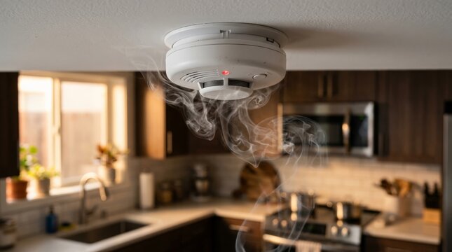 A close-up shot of a white smoke detector mounted on a ceiling in a kitchen with wisps of grey smoke swirling around it as it detects a potential fire hazard from cooking below
