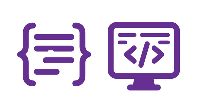 Programming code block and computer monitor purple vector icon set with programming computer software development brackets technology engineer illustration application silhouette isolated