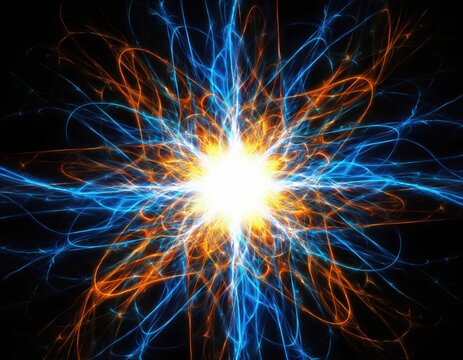 Abstract energy explosion with glowing blue and orange light trails on black background