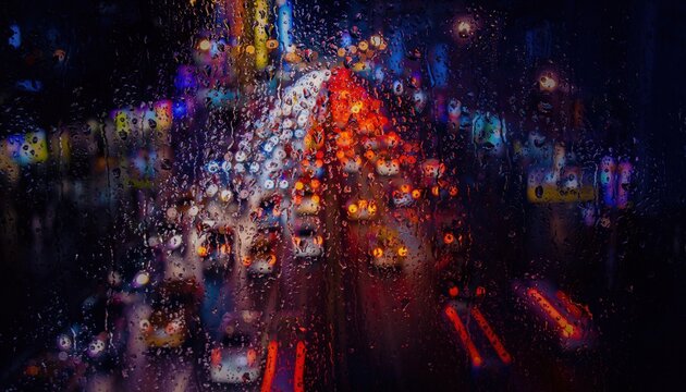 Rainy night city traffic view through wet window with blurred colorful bokeh lights
