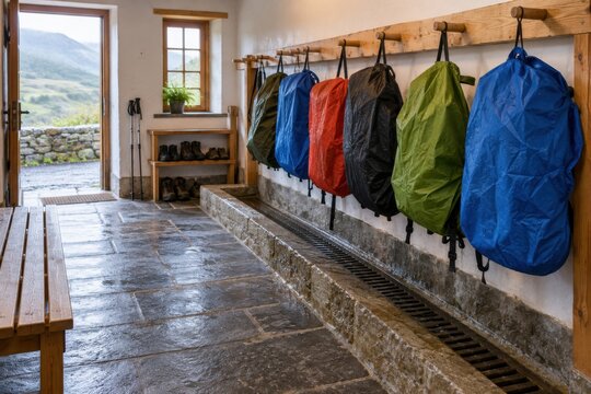 Reusable rain covers hanging above a stone drip channel inside an empty hostel drying room prepared for walkers after wet weather