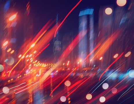 Abstract motion blur of city traffic lights and skyscrapers at night in an urban environment