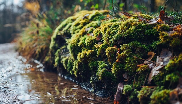 Closeup of lush green moss growing on a damp forest floor beside a small puddle