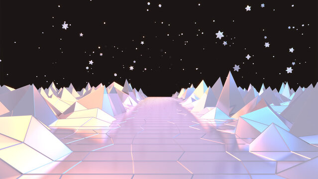 3D render of abstract neon low poly landscape with stars.