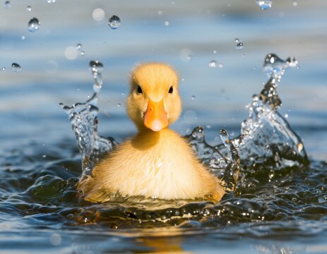 Adorable fluffy yellow duckling swimming in water with dynamic splashes