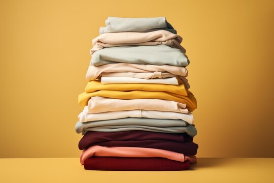 Tall pile of colorful folded clothing sits on a yellow surface against a matching backdrop, showcasing various textures and hues