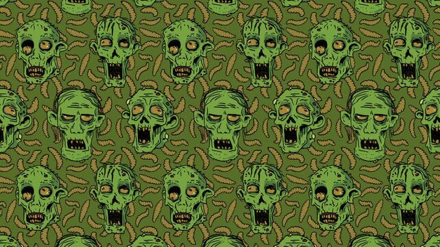 Seamless looping 2D animation pattern of creepy zombie heads with scary faces on an olive green background with mustard yellow maggots for Halloween events, game app UI, social media ads, web banners