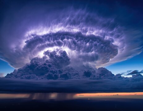 Dramatic supercell thunderstorm cloud formation at sunset with heavy rain and lightning
