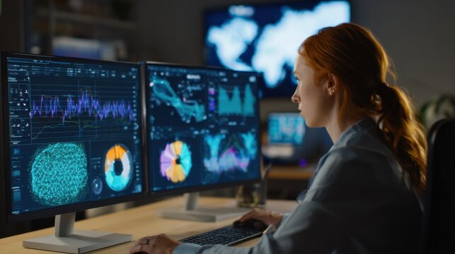 Professional researcher reviews economic indicators on screen refining econometric models to support government policy analysis in a hightech office environment.