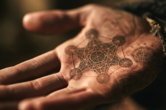 Palm of hand featuring a complex metatron's cube symbol with esoteric spirituality