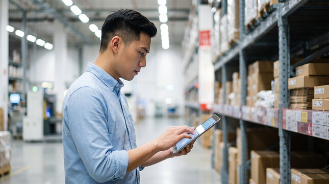 Asian man in warehouse managing inventory using digital tablet technology