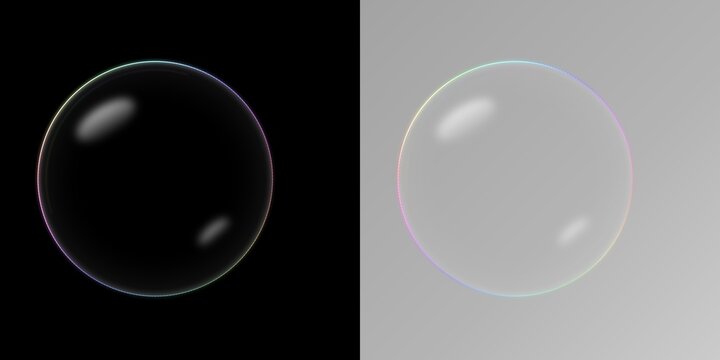 Two transparent soap bubbles with iridescent edges, one on a solid black background, and one on, a light gray, background, side by side