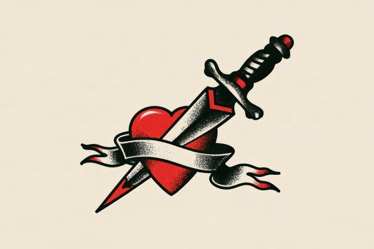 Red heart being pierced by a dagger, wrapped in a blank ribbon