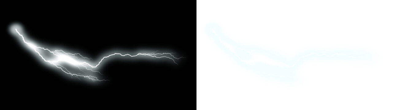 Electric lightning bolt strike, glowing white energy flash, atmospheric thunder storm discharge, powerful electrical spark effect isolated PNG with Transparent Background