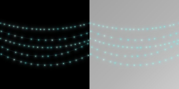 Five rows of glowing cyan led string lights, arranged in a hanging curve pattern against black and light gray backgrounds