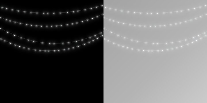 Glowing white string lights hanging in four curved rows, displayed against split black and light gray backgrounds for contrast