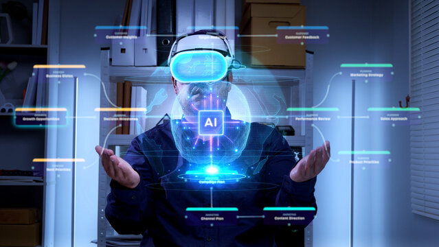 Man using VR headset interacting with virtual AI dashboard interface at office	