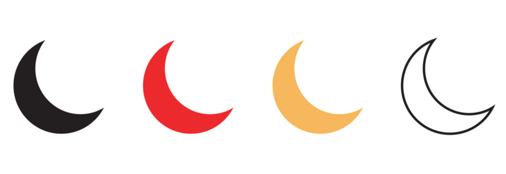 Crescent moon vector icons set, minimalist celestial symbols in black red yellow outline, astronomy logo elements