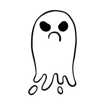 Hand-drawn black and white line art illustration of a cute spooky ghost with an angry grumpy face isolated on transparent background. Funny annoyed Halloween ghost icon for stickers, apparel, prints.